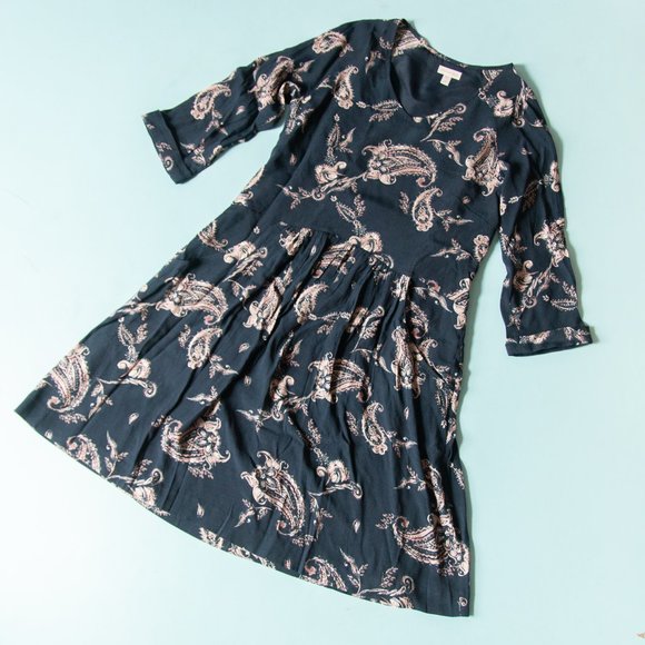 Garnet Hill Navy Blue Bohemian Pocket 3/4 Sleeve Pink Paisley Print Dress Sz 2 - Picture 2 of 9